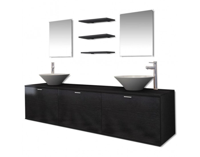 Sonata Комплект мебели за баня, с мивки и кранове, черен, 10 части -