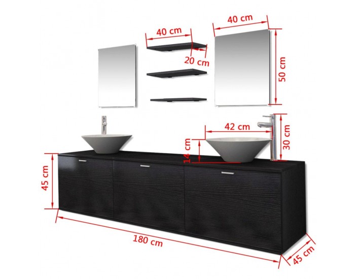 Sonata Комплект мебели за баня, с мивки и кранове, черен, 10 части -