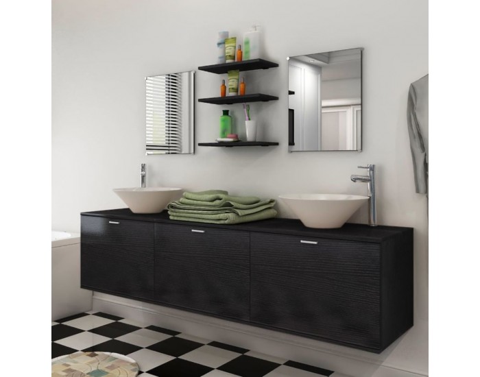 Sonata Комплект мебели за баня, с мивки и кранове, черен, 10 части -