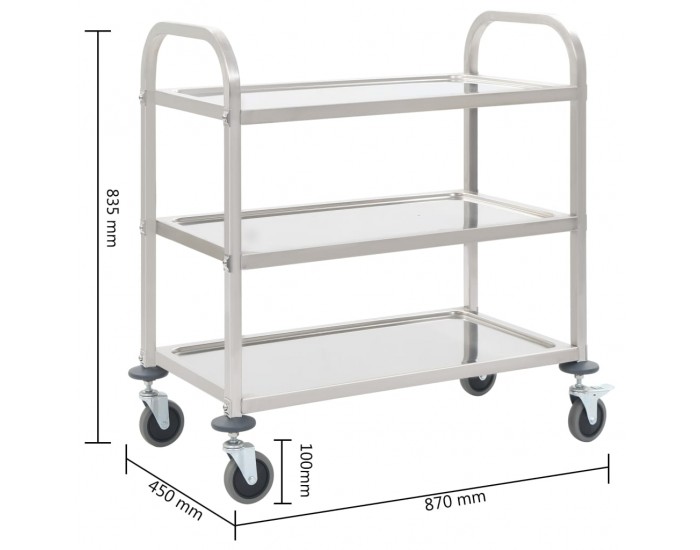 Sonata Кухненска количка с 3 рафта, 87x45x83,5 см, неръждаема стомана -