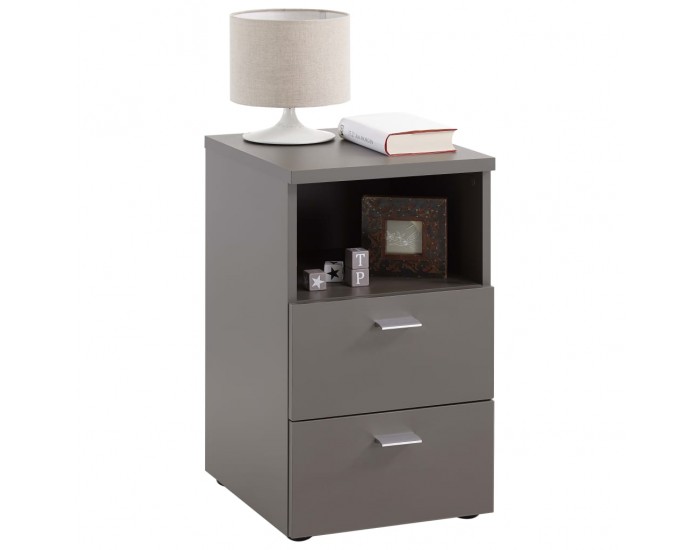 FMD Нощно шкафче с 2 чекмеджета и открит рафт, цвят сива лава