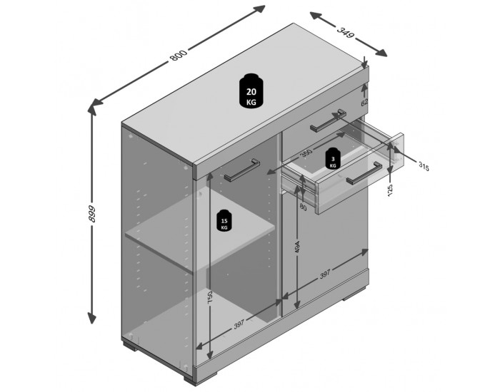 FMD Скрин с 2 врати и 2 чекмеджета, 80x34,9x89,9 см, дъб