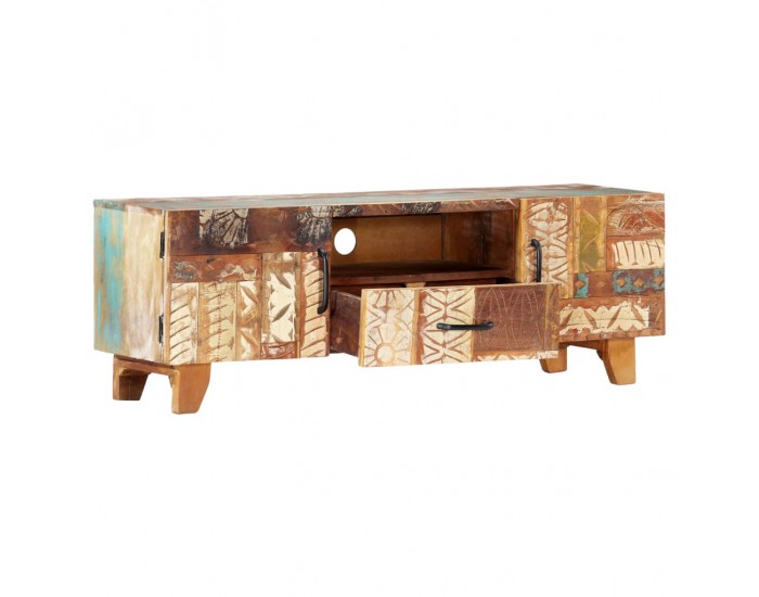 Sonata Ръчно резбован ТВ шкаф, 120x30x40 cм, регенерирано дърво масив