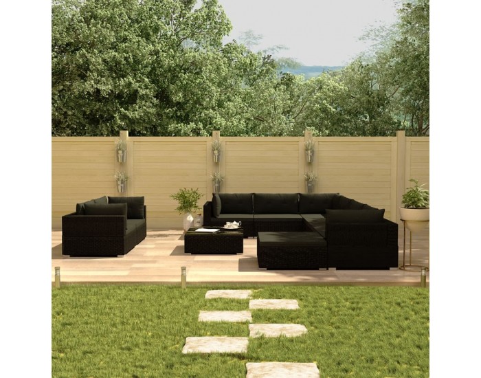 Sonata Градински комплект с възглавници, 10 части, черен полиратан