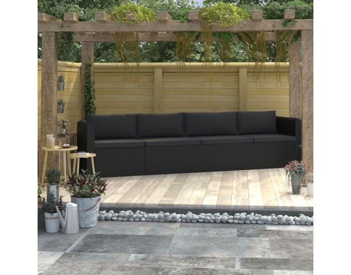 Sonata Градински комплект с възглавници, 4 части, полиратан, черен