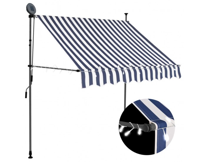 Sonata Ръчно прибиращ се сенник с LED, 200 см, синьо и бяло