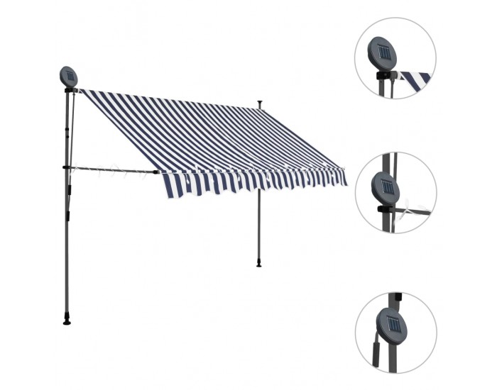 Sonata Ръчно прибиращ се сенник с LED, 250 см, синьо и бяло