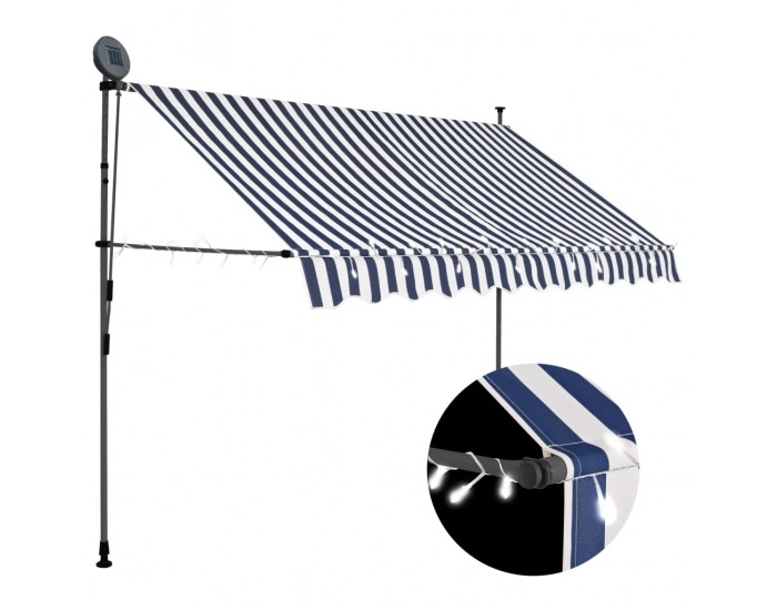 Sonata Ръчно прибиращ се сенник с LED, 300 см, синьо и бяло