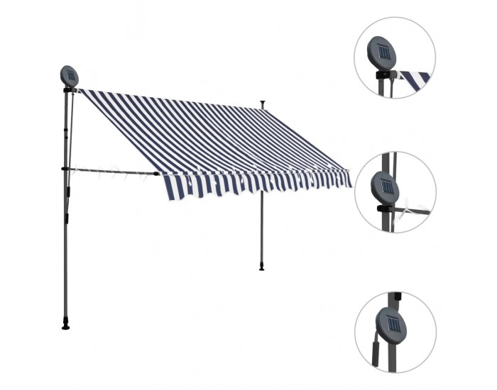 Sonata Ръчно прибиращ се сенник с LED, 300 см, синьо и бяло