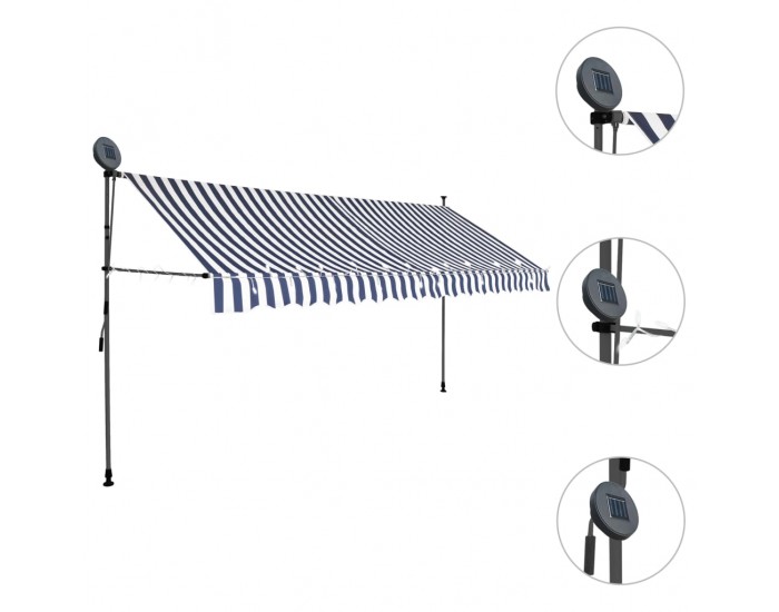 Sonata Ръчно прибиращ се сенник с LED, 350 см, синьо и бяло