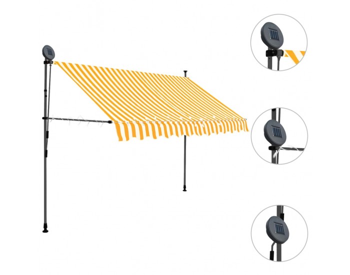 Sonata Ръчно прибиращ се сенник с LED, 250 см, бяло и оранжево