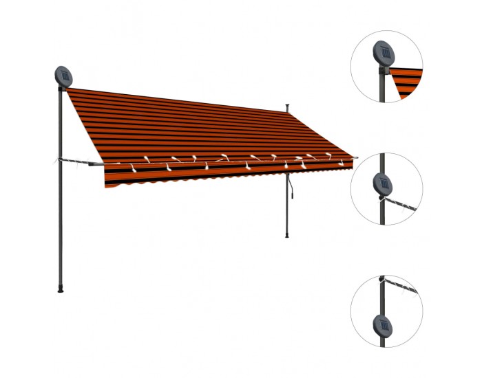 Sonata Ръчно прибиращ се сенник с LED, 350 см, оранжево и кафяво