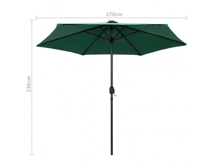 Sonata Чадър с LED светлини и алуминиев прът, 270 см, зелен