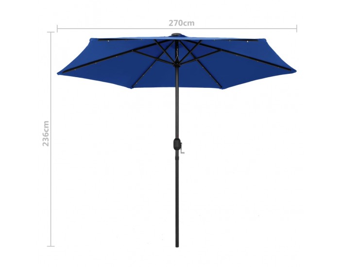 Sonata Чадър с LED светлини и алуминиев прът, 270 см, лазурносин