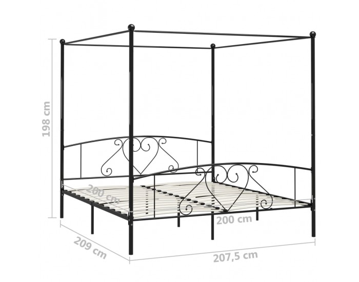 Sonata Рамка за легло с балдахин, черна, метал, 200x200 cм