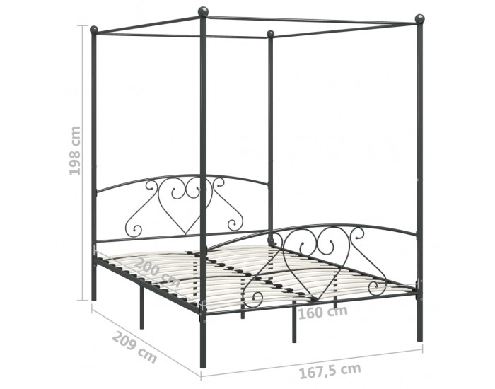 Sonata Рамка за легло с балдахин, сива, метал, 160x200 см