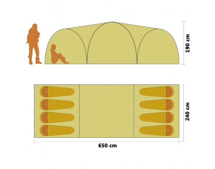 Sonata Палатка за къмпинг тип иглу, 650x240x190 см, 8-местна, жълта