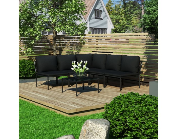 Sonata Градински комплект с възглавници, 6 части, черен, PVC