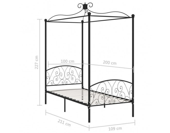 Sonata Рамка за легло с балдахин, черна, метал, 100x200 cм