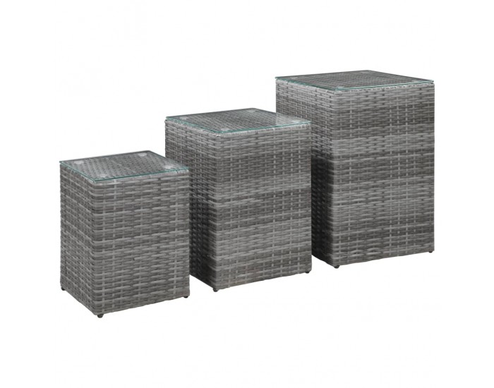 Sonata H Странични маси, 3 бр, със стъклен плот, сиви, полиратан