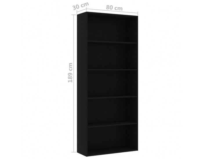 Sonata 5-етажна библиотека, черна, 80x30x189 см, ПДЧ