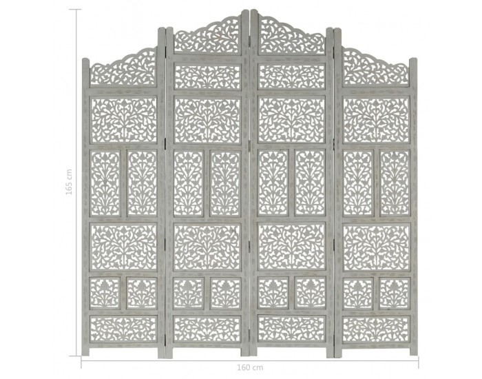 Sonata Ръчно резбован параван, 4 панела, сив, 160x165 cм, манго масив