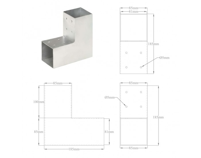 Sonata Конектори за греди 4 бр L-образни поцинкован метал 81x81 мм