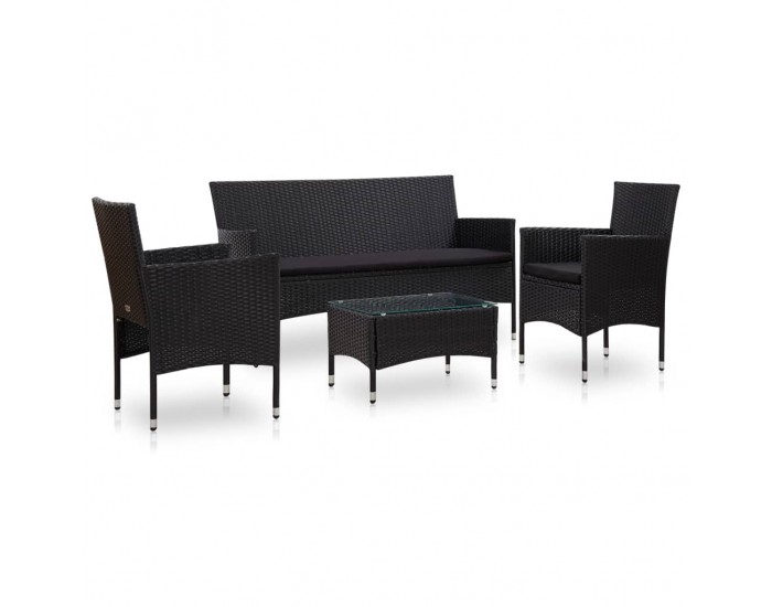 Sonata Градински комплект с възглавници, 4 части, полиратан, черен