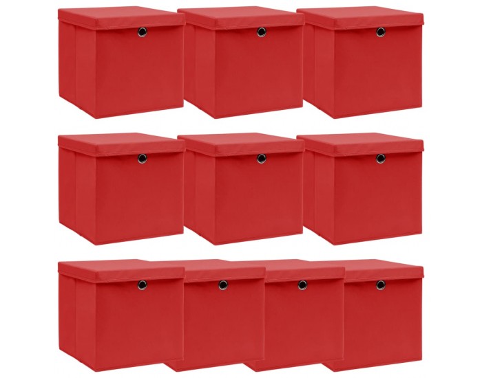 Sonata Кутии за съхранение с капаци 10 бр червени 32x32x32 см текстил