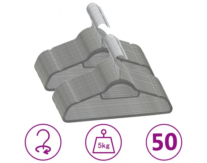 Sonata 50 бр Комплект закачалки за дрехи антиплъзгащи сиво кадифе