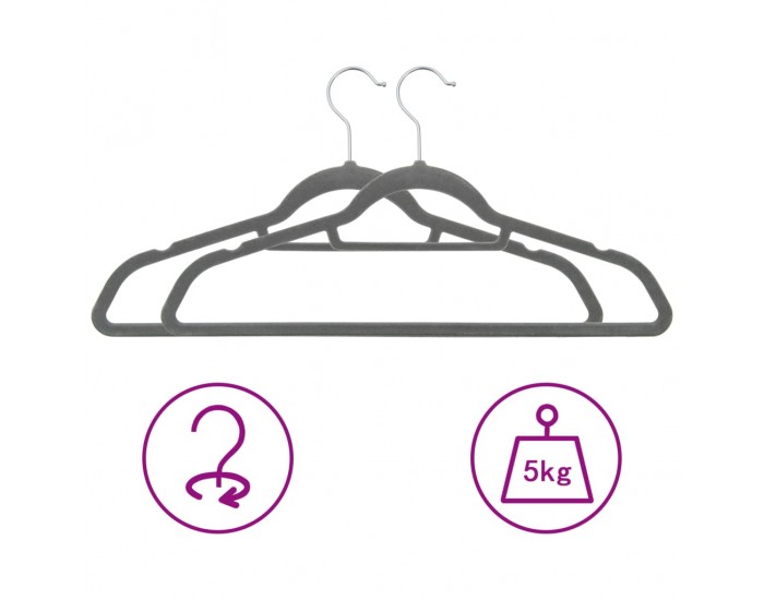 Sonata 50 бр Комплект закачалки за дрехи антиплъзгащи сиво кадифе