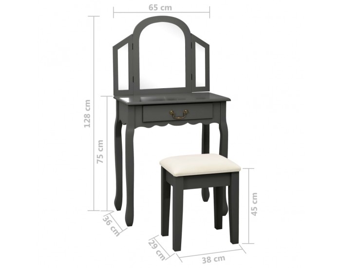 Sonata Тоалетка с табуретка, сива, 65x36x128 см, пауловния, МДФ