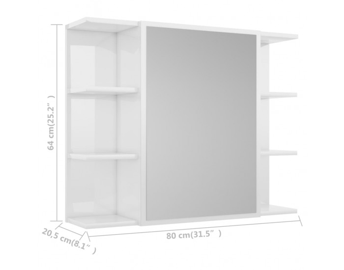 Sonata Шкаф за баня с огледало, бял гланц, 80x20,5x64 см, ПДЧ