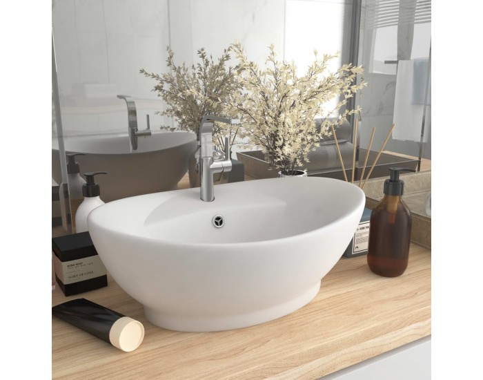 Sonata Мивка с преливник лукс овал бял мат 58,5x39 см керамика