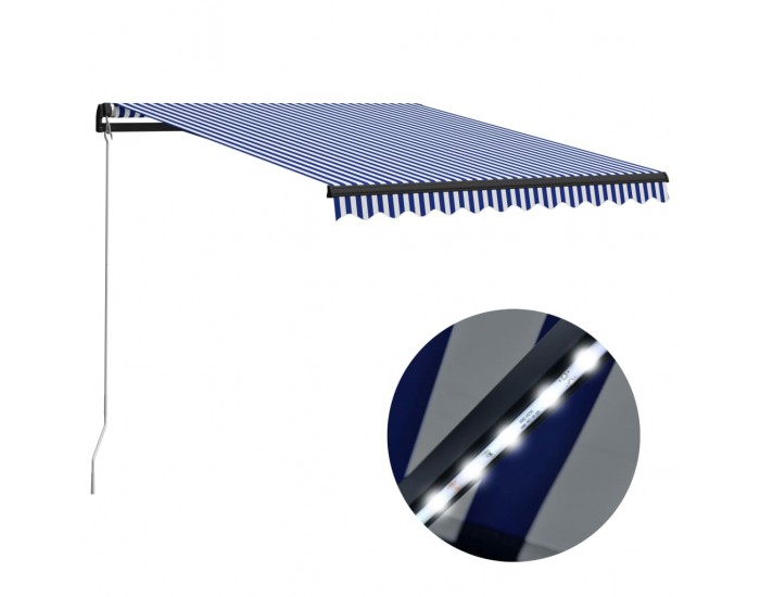 Sonata Ръчно прибиращ се сенник с LED, 300x250 см, синьо и бяло Sonata Ръчно прибиращ се сенник с LED, 300x250 см, синьо и бяло