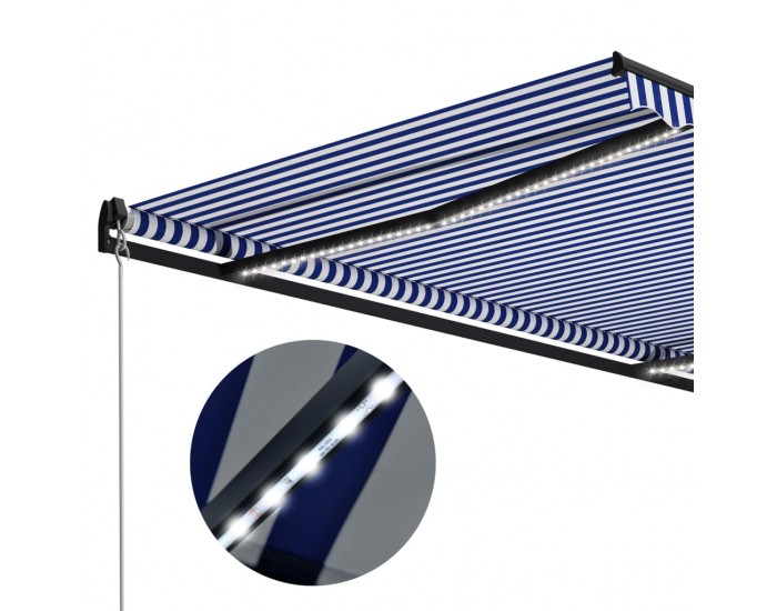 Sonata Ръчно прибиращ се сенник с LED, 300x250 см, синьо и бяло Sonata Ръчно прибиращ се сенник с LED, 300x250 см, синьо и бяло