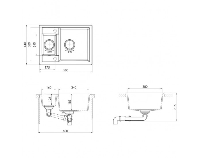 Sonata Кухненска мивка с преливник, двойно корито, черна, гранит