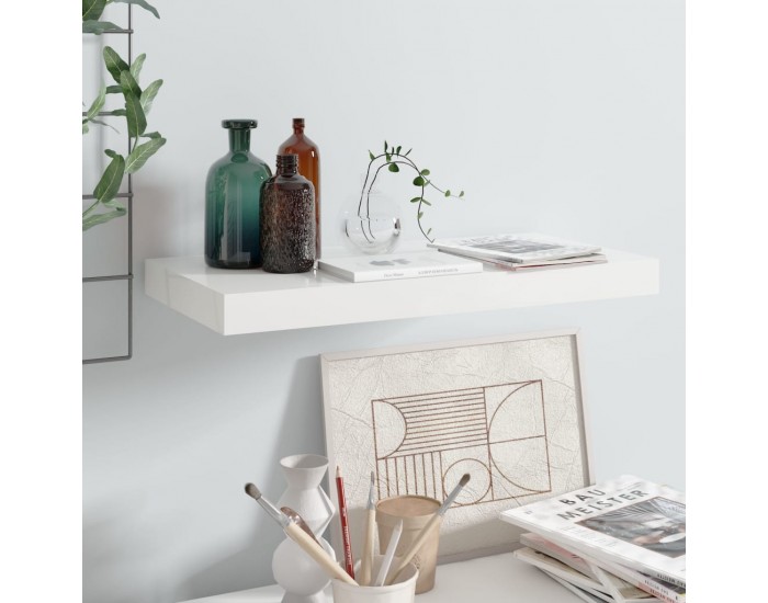 Sonata Окачен стенен рафт, бял гланц, 50x23x3,8 см, МДФ