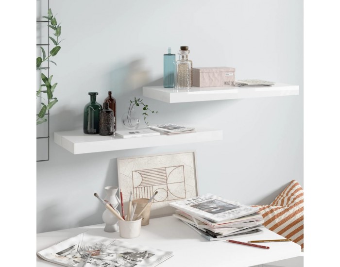 Sonata Окачени стенни рафтове, 2 бр, бял гланц, 60x23,5x3,8 см, МДФ