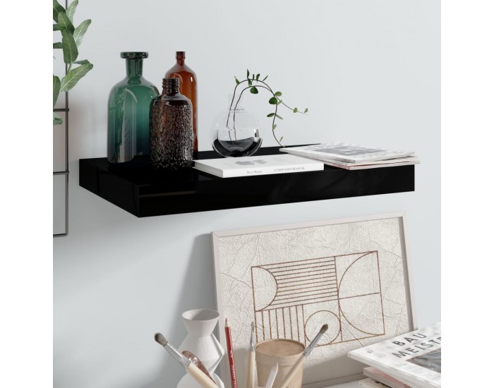 Sonata Окачен стенен рафт, черен гланц, 40x23x3,8 см, МДФ