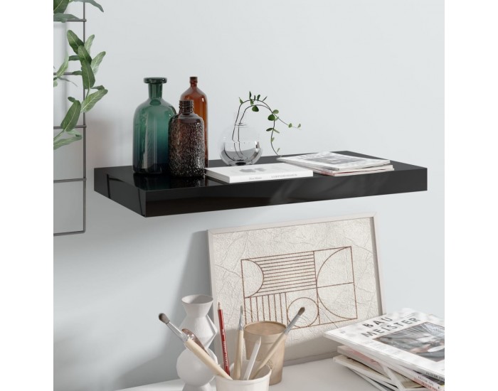 Sonata Окачен стенен рафт, черен гланц, 50x23x3,8 см, МДФ