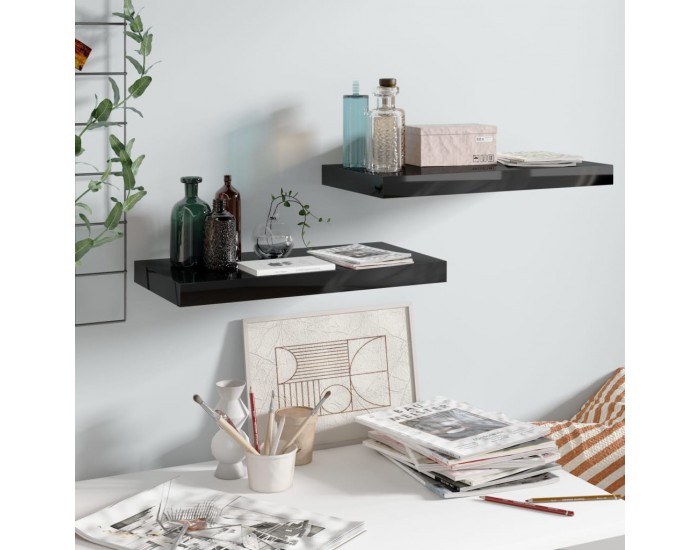 Sonata Окачени стенни рафтове, 2 бр, черен гланц, 50x23x3,8 см, МДФ