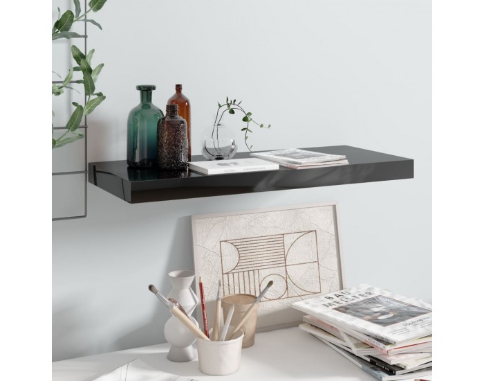 Sonata Окачен стенен рафт, черен гланц, 60x23,5x3,8 см, МДФ