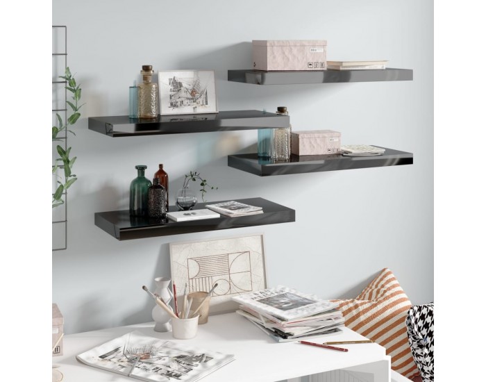 Sonata Окачени стенни рафтове, 4 бр, черен гланц, 60x23,5x3,8 см, МДФ