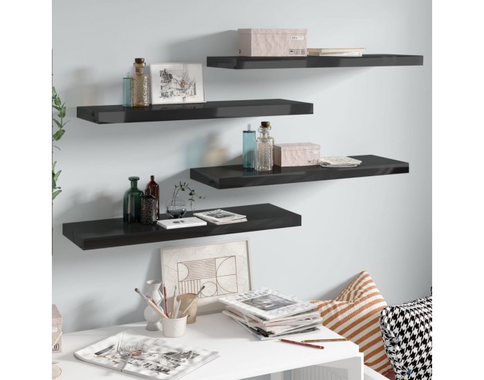 Sonata Окачени стенни рафтове, 4 бр, черен гланц, 80x23,5x3,8 см, МДФ