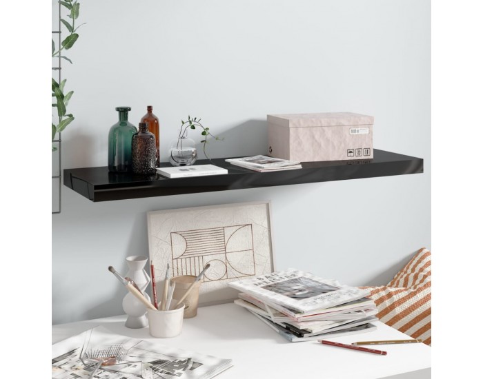 Sonata Окачен стенен рафт, черен гланц, 90x23,5x3,8 см, МДФ