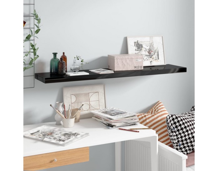 Sonata Окачен стенен рафт, черен гланц, 120x23,5x3,8 см, МДФ