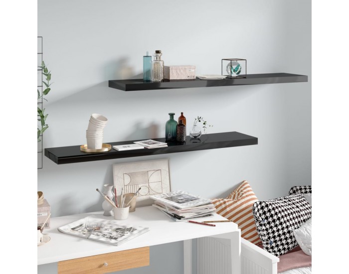 Sonata Окачени стенни рафтове, 2 бр, черен гланц, 120x23,5x3,8 см, МДФ