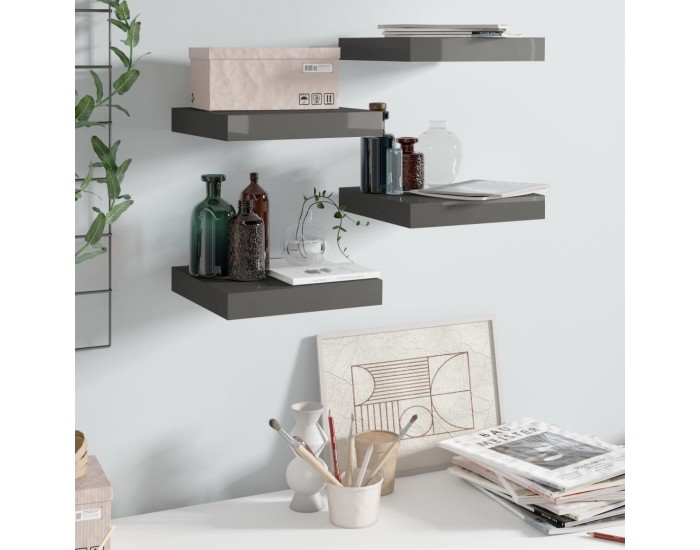 Sonata Окачени стенни рафтове, 4 бр, сив гланц, 23x23,5x3,8 см, МДФ