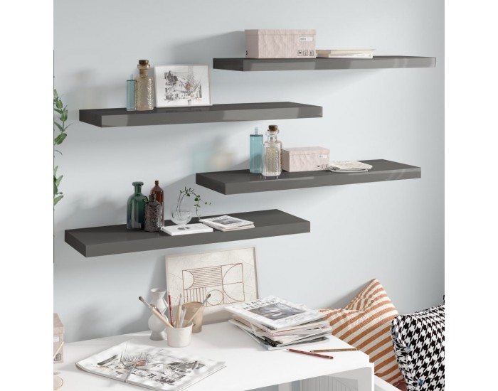 Sonata Окачени стенни рафтове, 4 бр, сив гланц, 80x23,5x3,8 см, МДФ